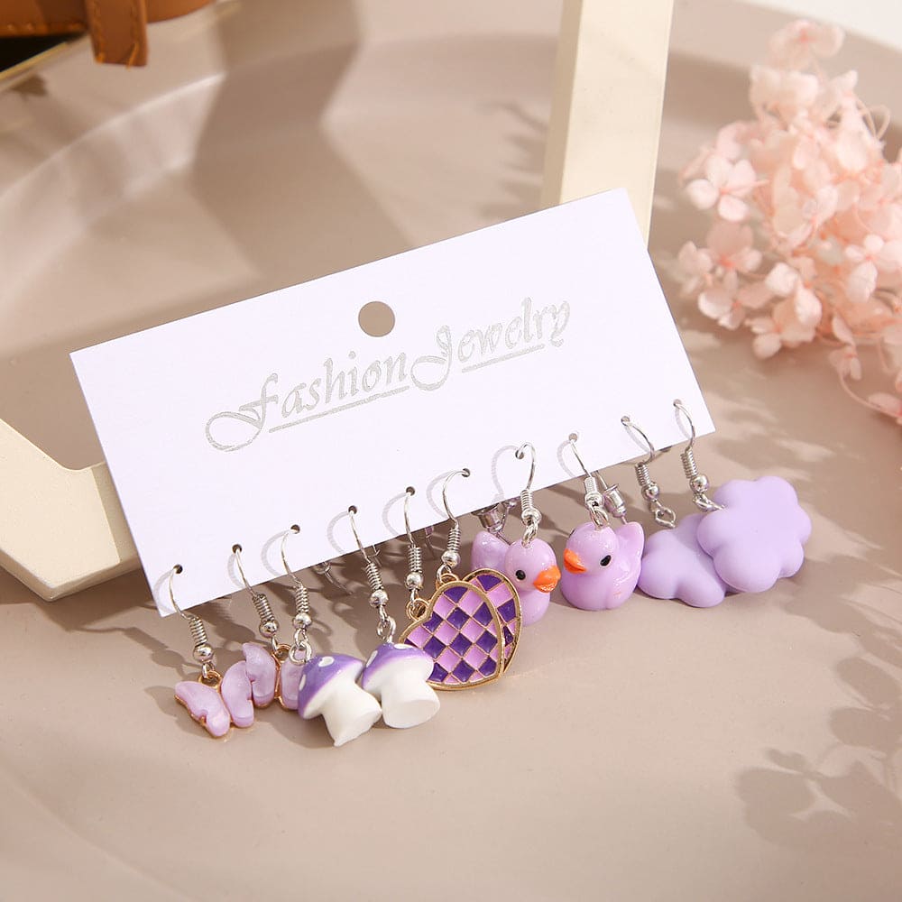 Set Of 5 Trendy Funky Earrings Set, Cute Cartoon Dangle Earrings, Dangle Aesthetic Earrings For Woman Girl, Children Colorful Cartoon Earring Card, Creative Purple Duck & Butterfly & Heart & Mushroom Drop Earrings Set Of 5 Trendy Funky Earrings Set, Cute Cartoon Dangle Earrings, Dangle Aesthetic Earrings For Woman Girl, Children Colorful Cartoon Earring Card, Creative Purple Duck & Butterfly & Heart & Mushroom Drop Earrings